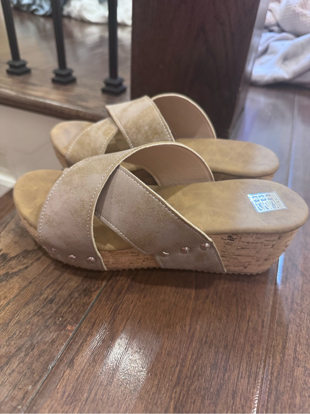 Neutral Cross-Strap Cork Wedge Sandals - Unknown Brand